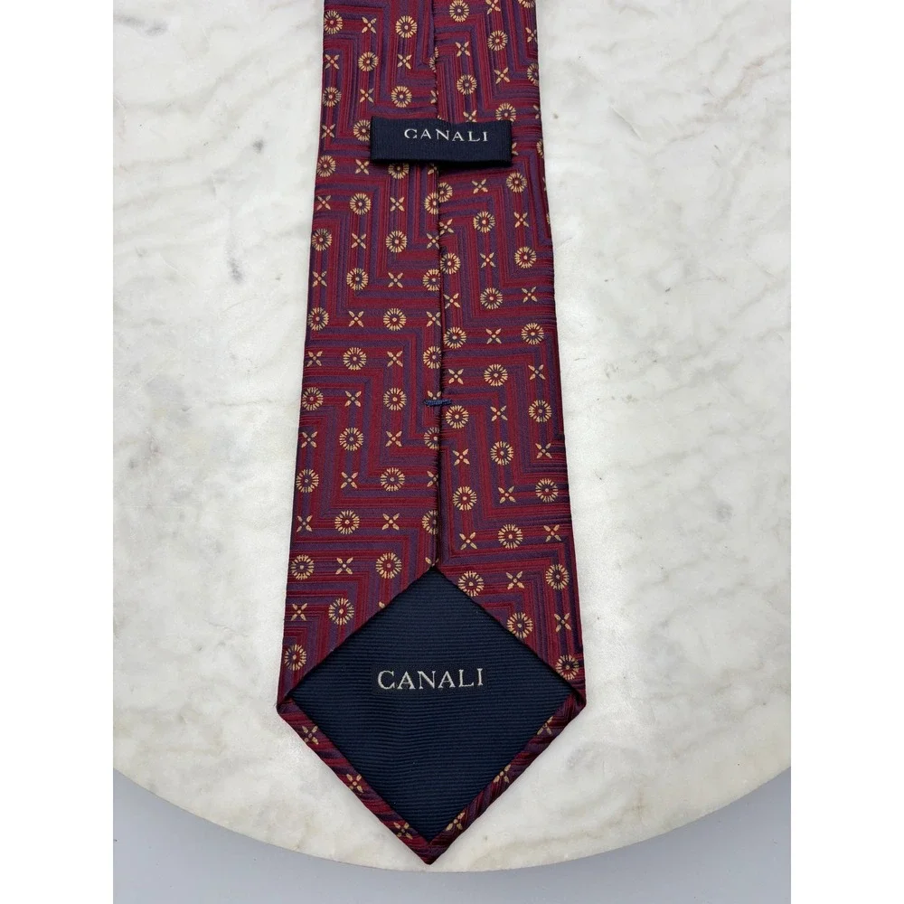 $250 Canali Men's Neck‎ Tie Silk Red Purple Geometric Pattern Italy 3.75